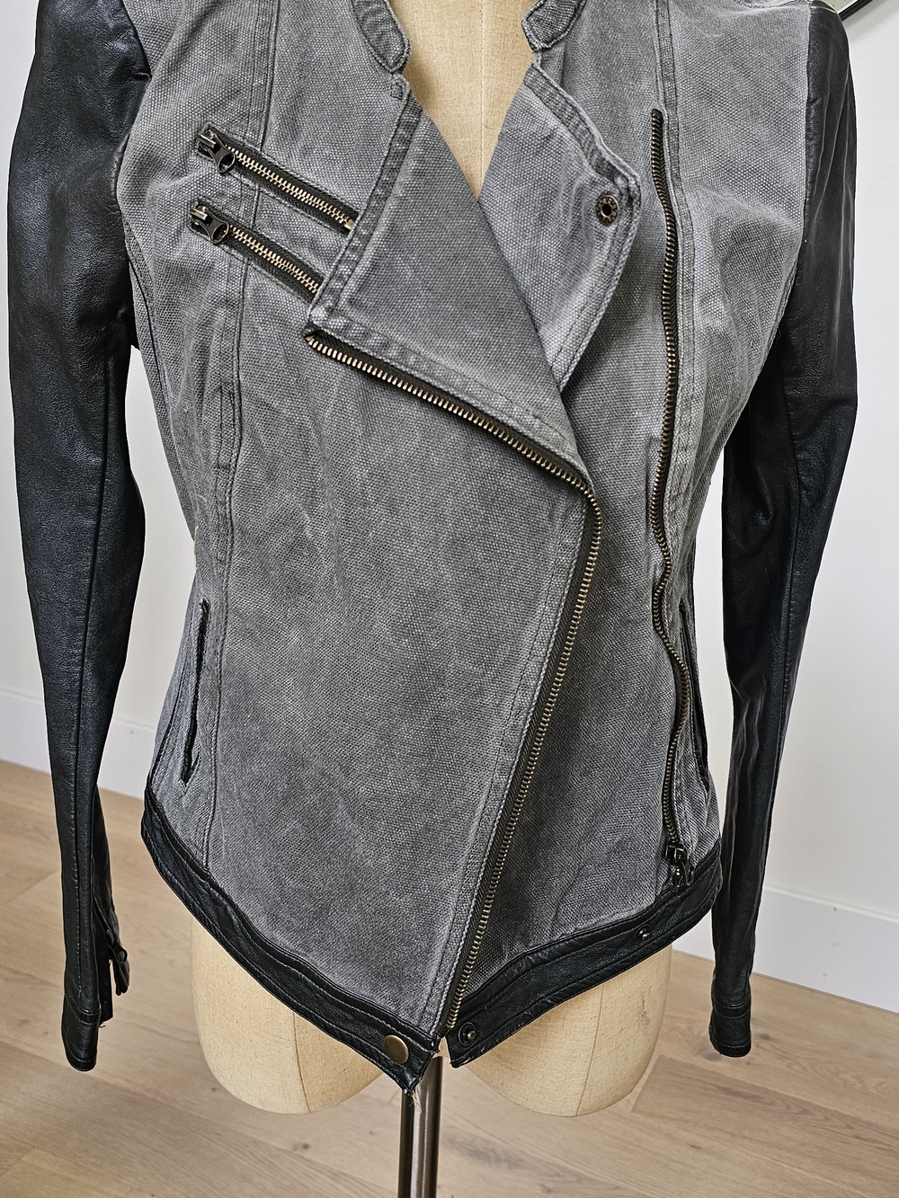 Blanc Noir Two-Tone Gray Canvas & Black Leather Moto Jacket Womens M